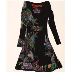 Desigual Dress Black Long Sleeve Floral & Bird Print Medium